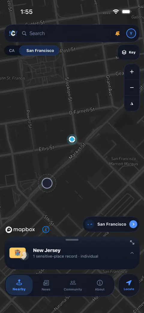 The CarrySafe map in San Francisco at street zoom: a search field, a jurisdiction crumb reading CA and San Francisco, a Key button, the location puck, a dashed advisory ring, and a docked card reading New Jersey with one sensitive-place record.