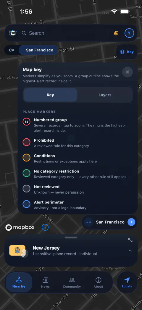 The Map key panel open over the map, listing place markers: numbered group, prohibited, conditions, no category restriction, not reviewed, and alert perimeter — each with a coloured ring and a sentence of its own.
