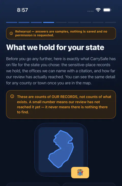 A CarrySafe setup screen headed “What we hold for your state”, showing the real New Jersey outline above a panel reading that these are counts of our records, not counts of what exists, and that a small number never means there is nothing there to find.