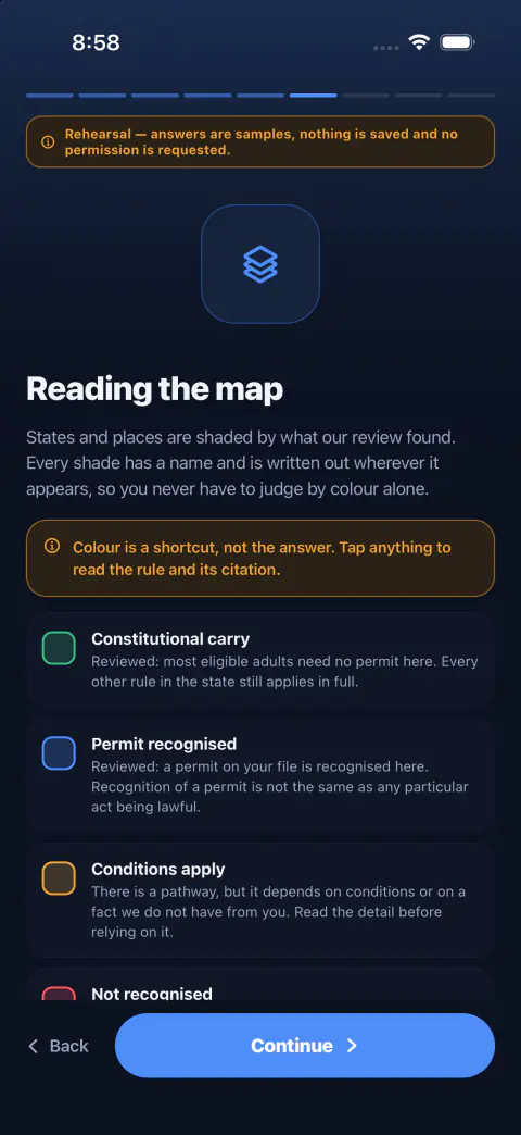 A CarrySafe setup screen headed “Reading the map”, listing shades with their meanings — constitutional carry, permit recognised, conditions apply, not recognised — above a note that colour is a shortcut, not the answer.