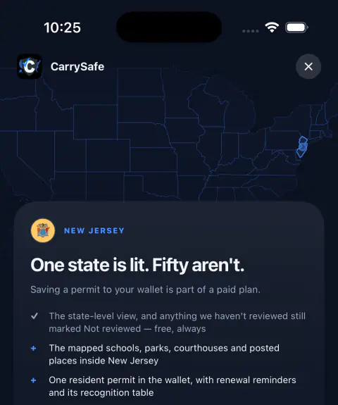 The top of the CarrySafe plan screen: a hairline map of the United States with New Jersey lit, and a floating card headed “One state is lit. Fifty aren’t.” listing what a plan opens.
